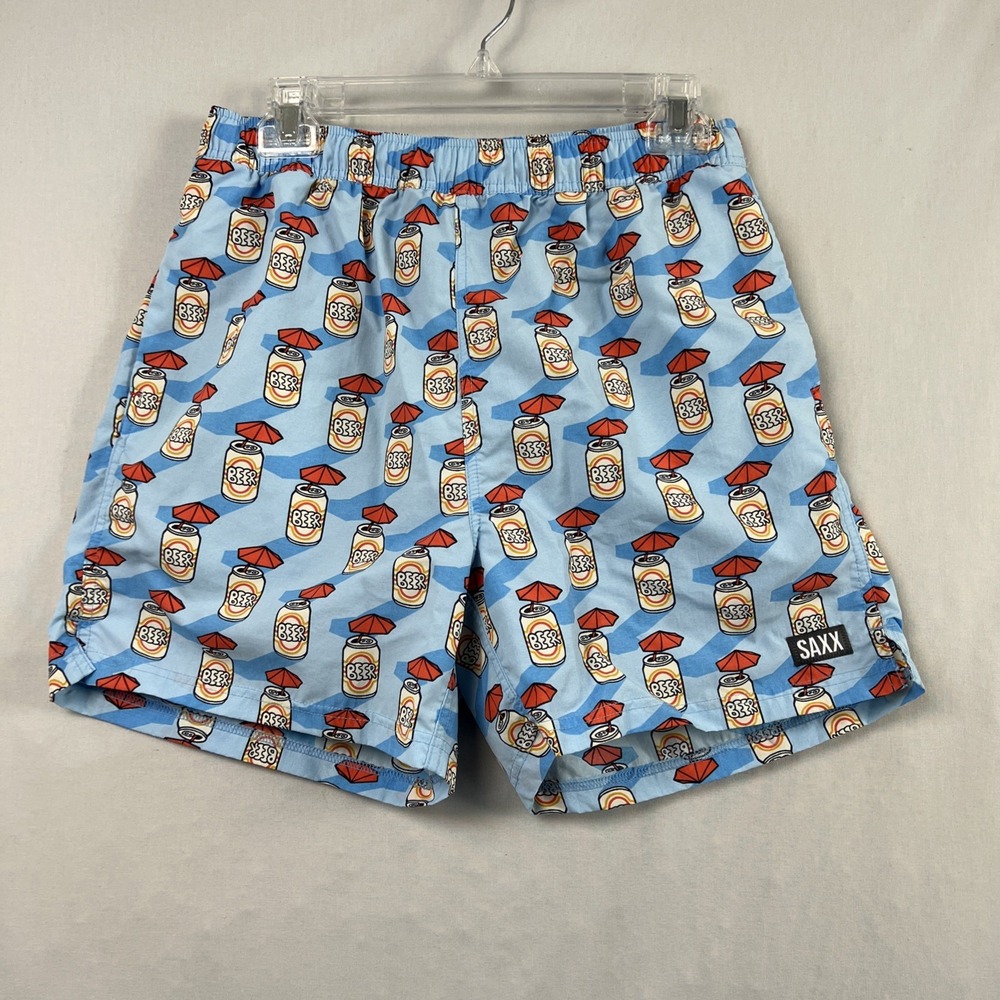 Saxx Swim Shorts Trunks Go Coastal Mens Medium 2N1 Volley Ballpark Pouch Beer